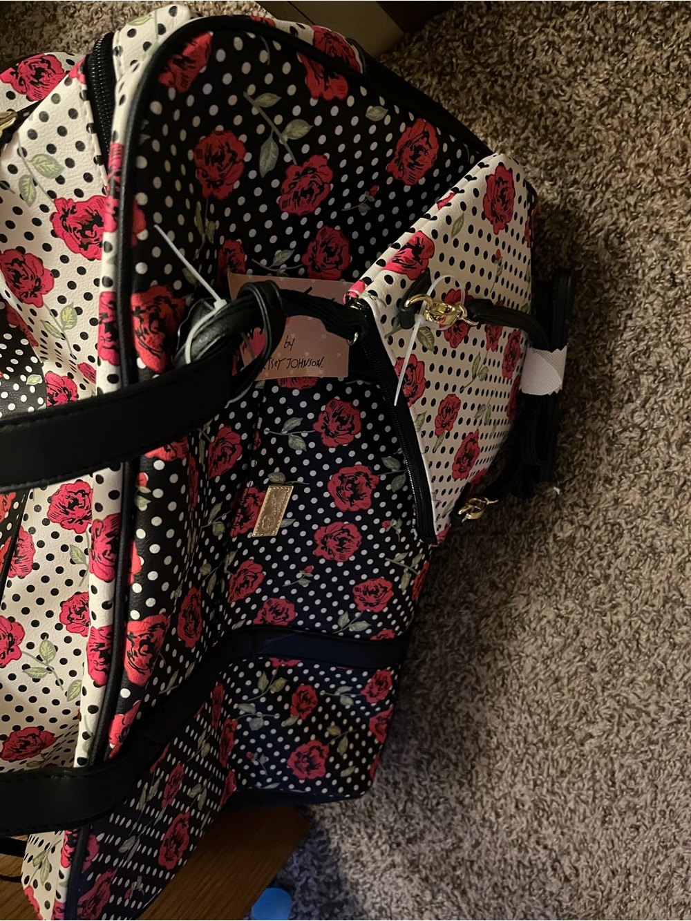 Betsey Johnson Black & Pink Floral Polka Dot Tote